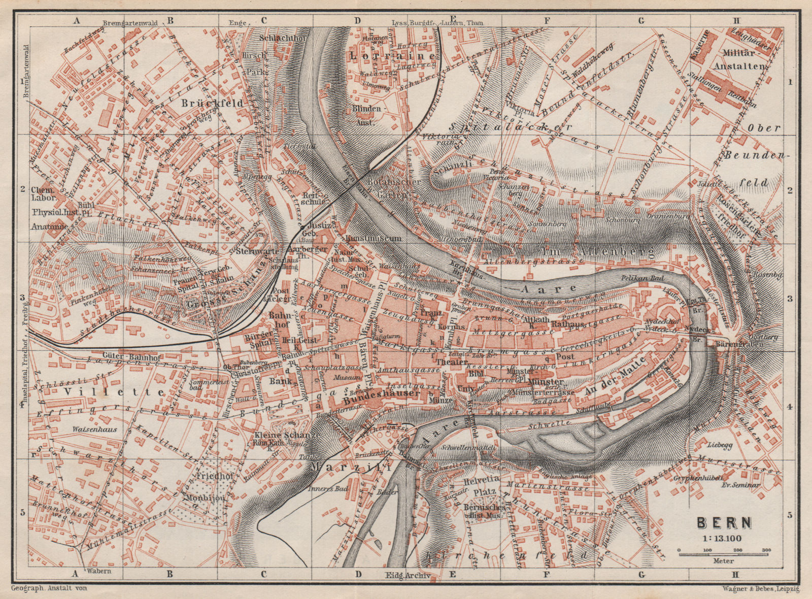 BERN BERNE. town city stadtplan. Switzerland Suisse Schweiz. BAEDEKER 1897 map